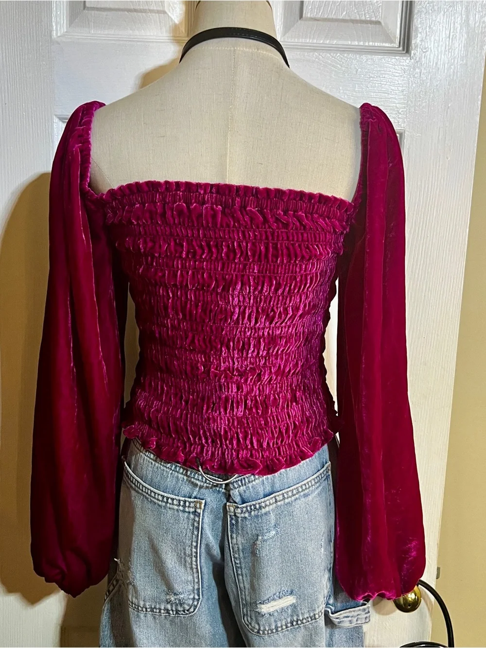 New Anthropologie Fuchsia Velvet Smocked Off The Shoulder Balloon Sleeve Top S
